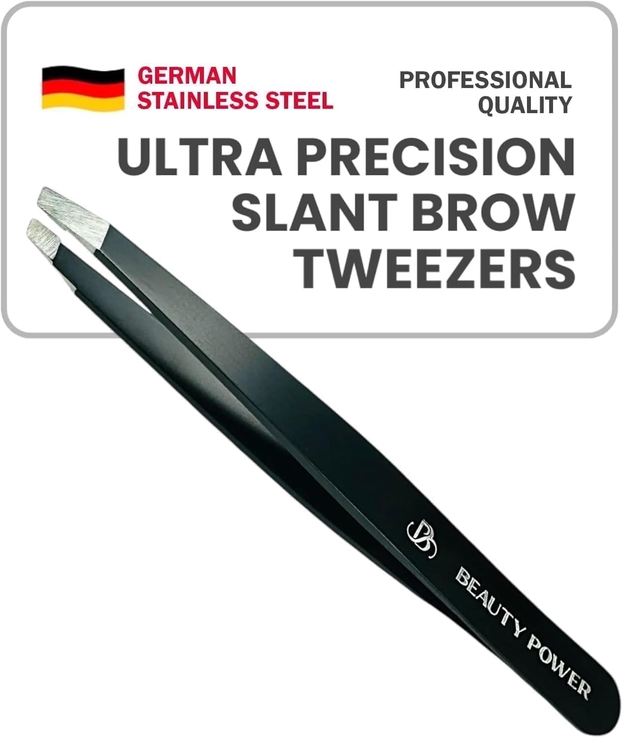 Beauty Power Professional Ultra Precision Slant Tweezers - German Stainless Steel Tweezers for Eyebrows, Facial Hair, Chin \u0026 Ingrown Hair Removal, Durable \u0026 Lightweight Grooming Tool (Matte Black)